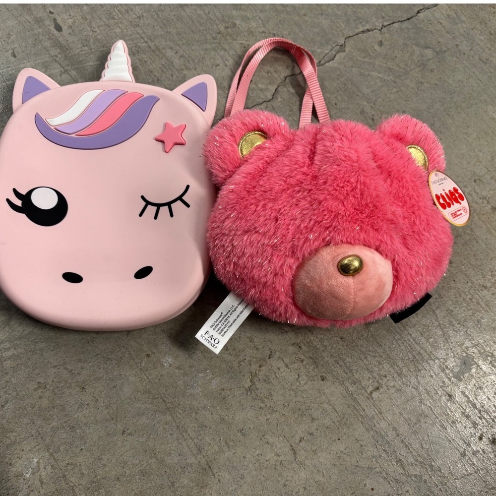 FAO Schwarz Plush Pink Bear & Silicone Unicorn Pop It Fidget Purse Set of 2